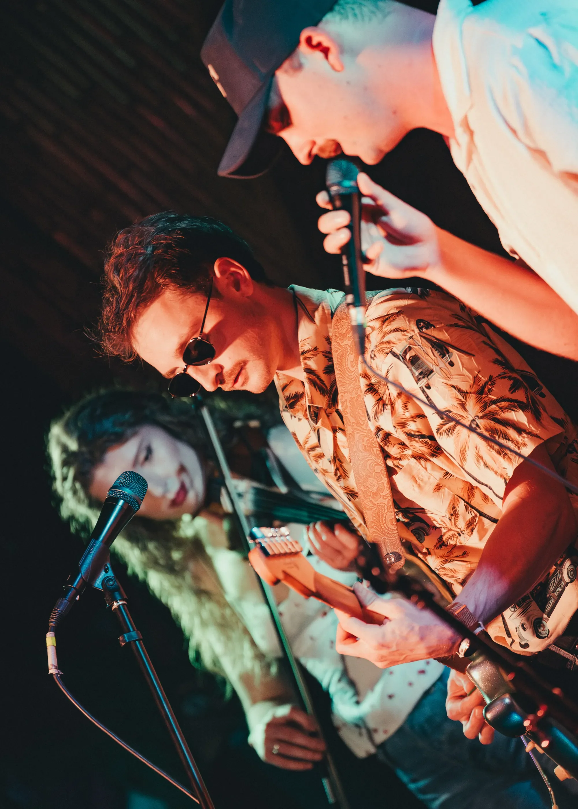 Shoreplay performing, fiddle and congas visible